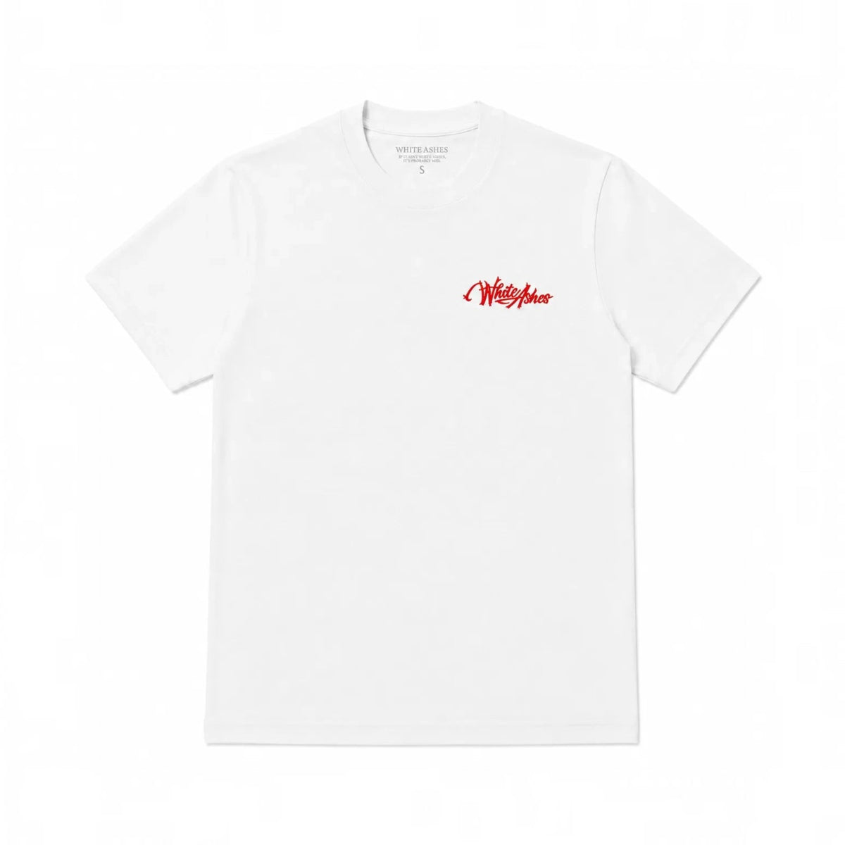 White Ashes Smoke Shop white cotton crewneck t-shirt featuring a small red script logo on the left chest.